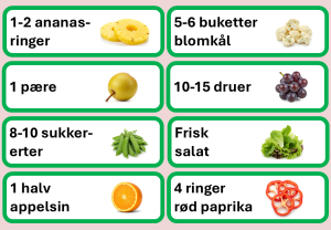 Åtte eksmepler på diverse porsjoner av frukt og grønt med bilder og tekst.