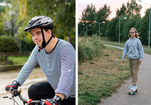 Gutt som sykler og jente som går på rulleskøyter.
