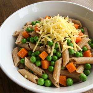 Helkornpasta med erter, gulrot og raspet ost.