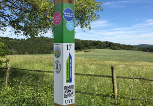 Stolpejakten-stolpe ute ved en åker.