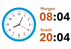 Analog og digital klokke med identiske tidspunkter.