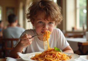 Gutt spiser spagetti.