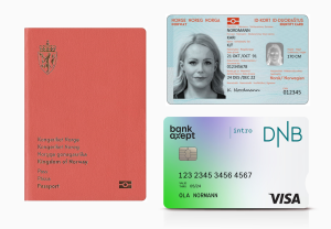 Norsk pass, ID-kort og bankkort.